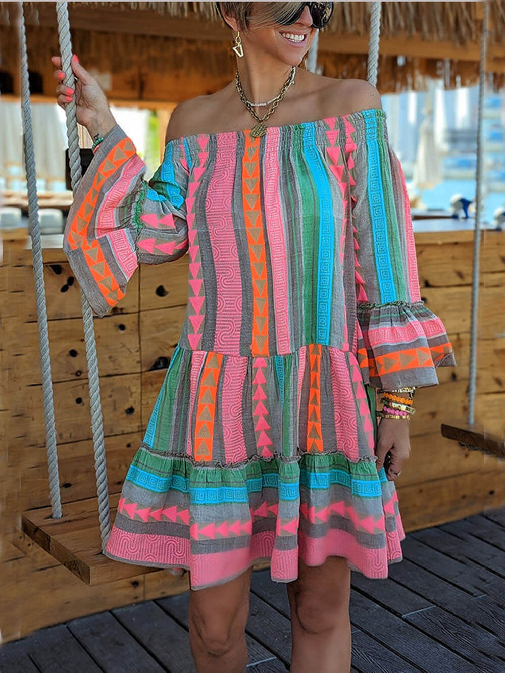 Ethnic Print Linen Blend Off Shoulder Loose Mini Dress