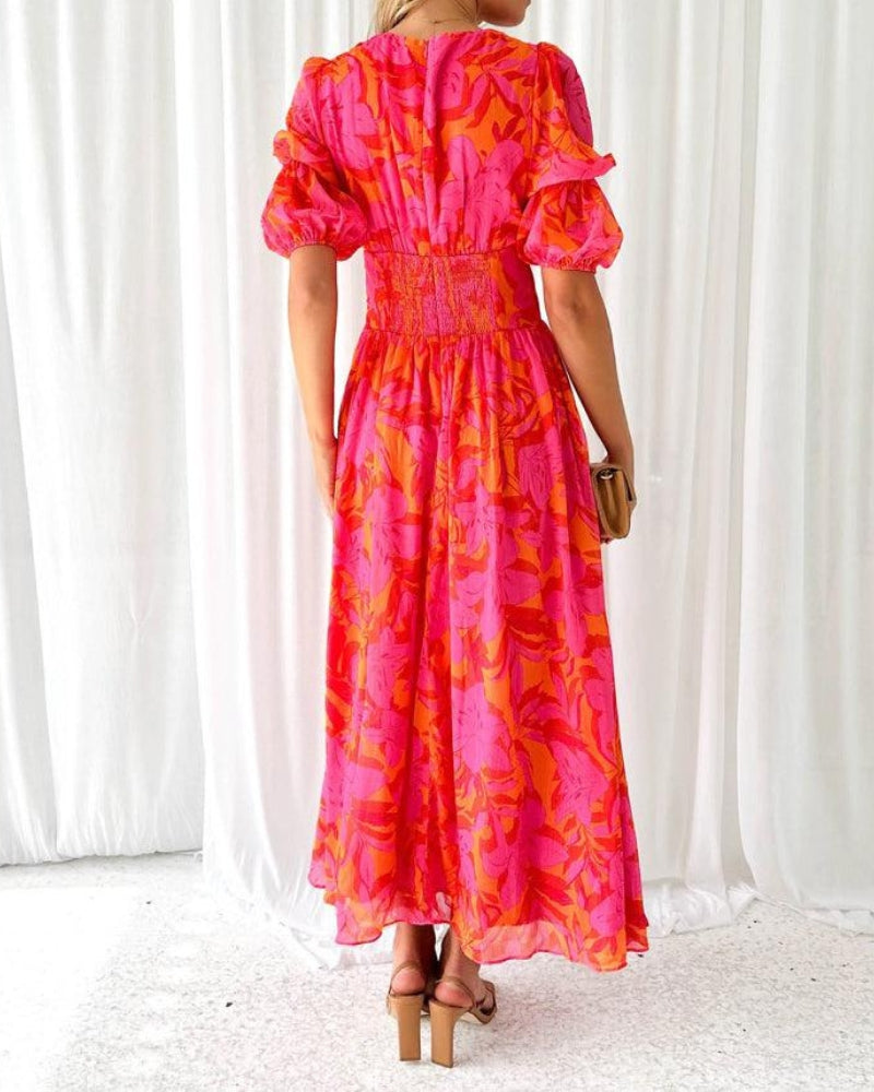 Alva - Elegant V-neck Puff Sleeve Maxi Dress