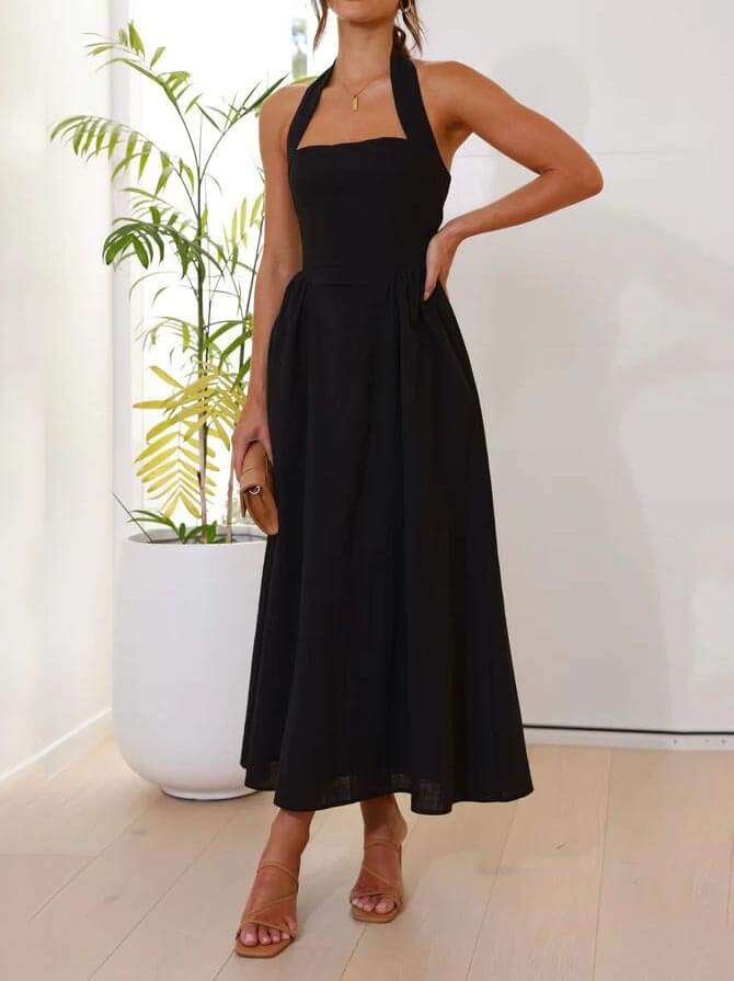 Elegant Halter-Neck Midi Dress – Waist-Defining Fit
