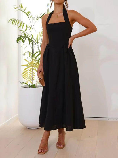 Elegant Halter-Neck Midi Dress – Waist-Defining Fit