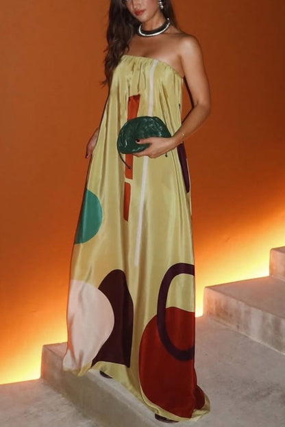 Miss Me Satin Unique Printed Off Shoulder Pocketed Loose Maxi Dress