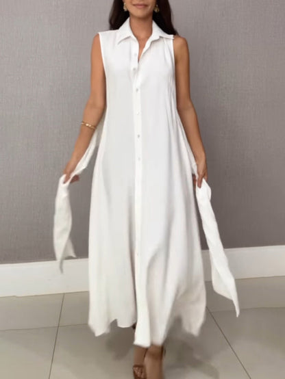 Unique Shirt Style Single-breasted Tie Midi Dress