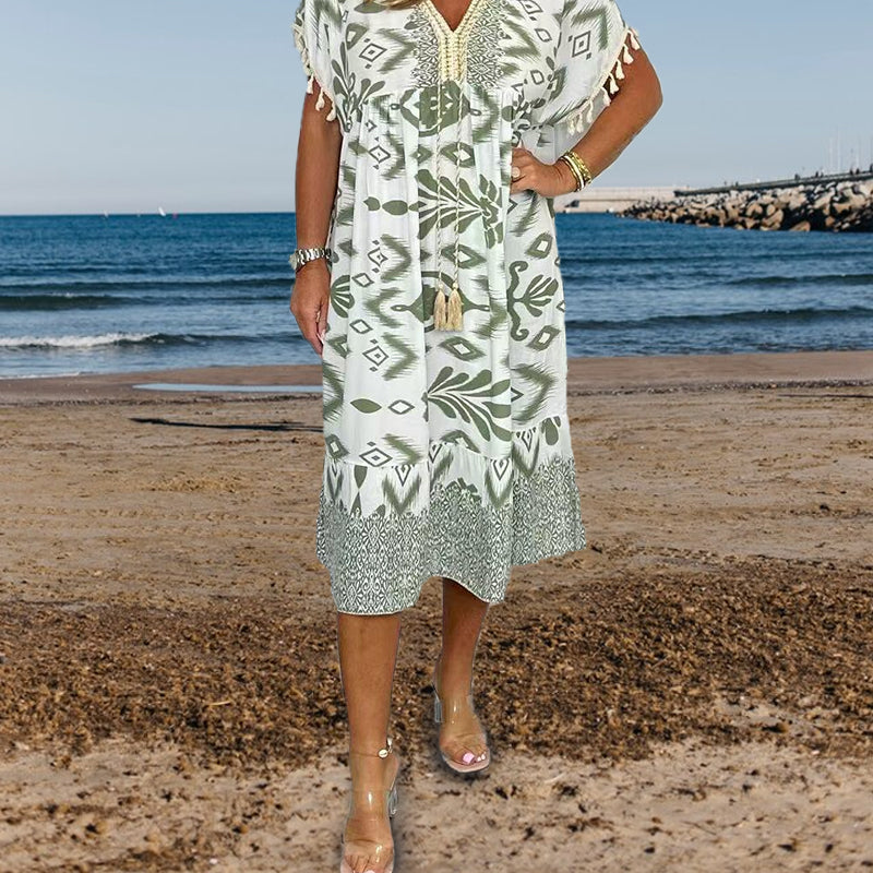 ZAVIRA Fringe Sleeve Print Dress