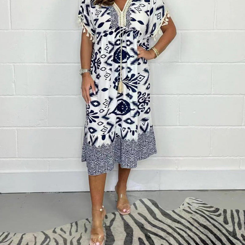 ZAVIRA Fringe Sleeve Print Dress