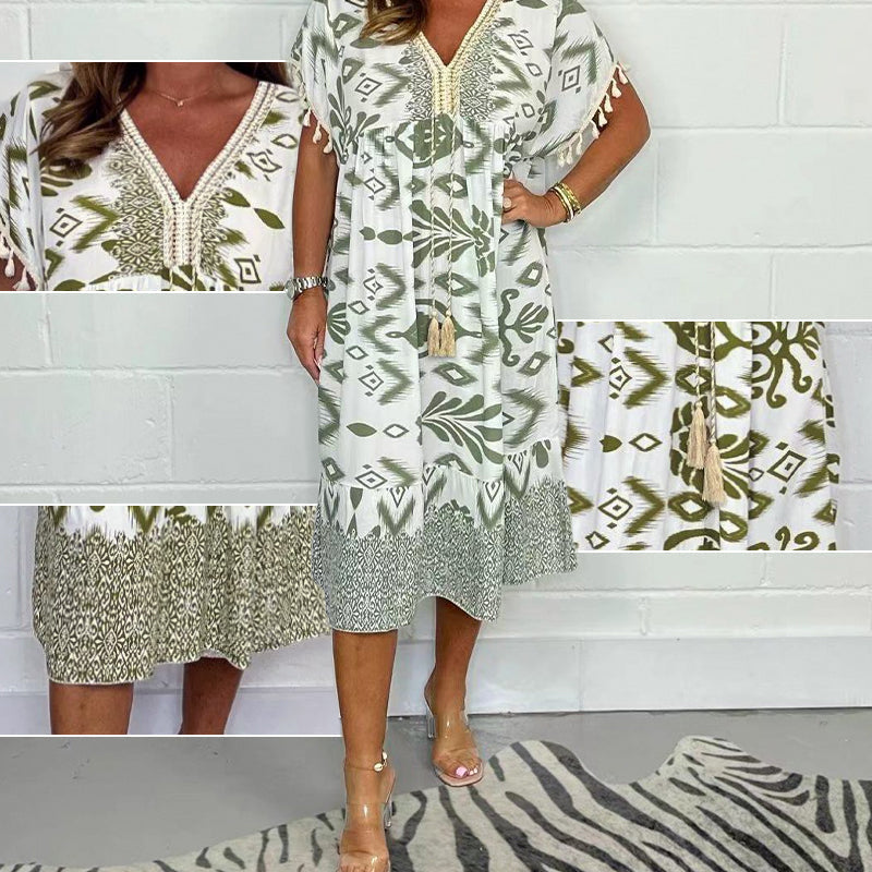 ZAVIRA Fringe Sleeve Print Dress