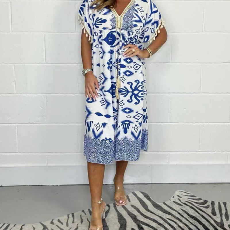 ZAVIRA Fringe Sleeve Print Dress