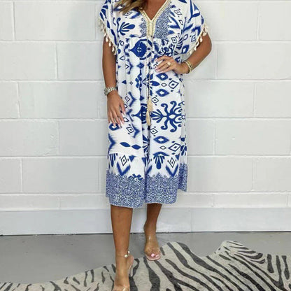 ZAVIRA Fringe Sleeve Print Dress