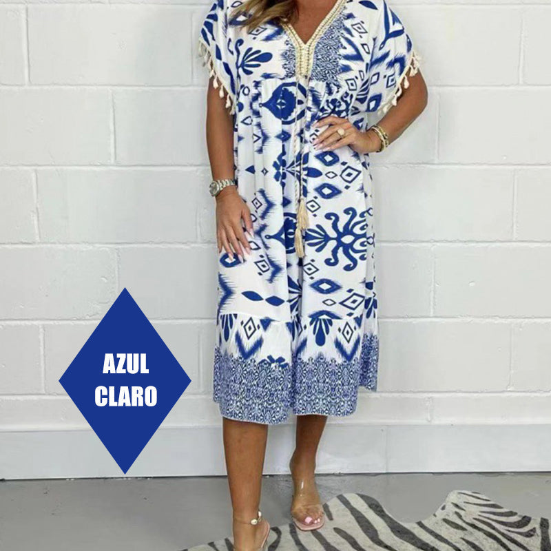 ZAVIRA Fringe Sleeve Print Dress