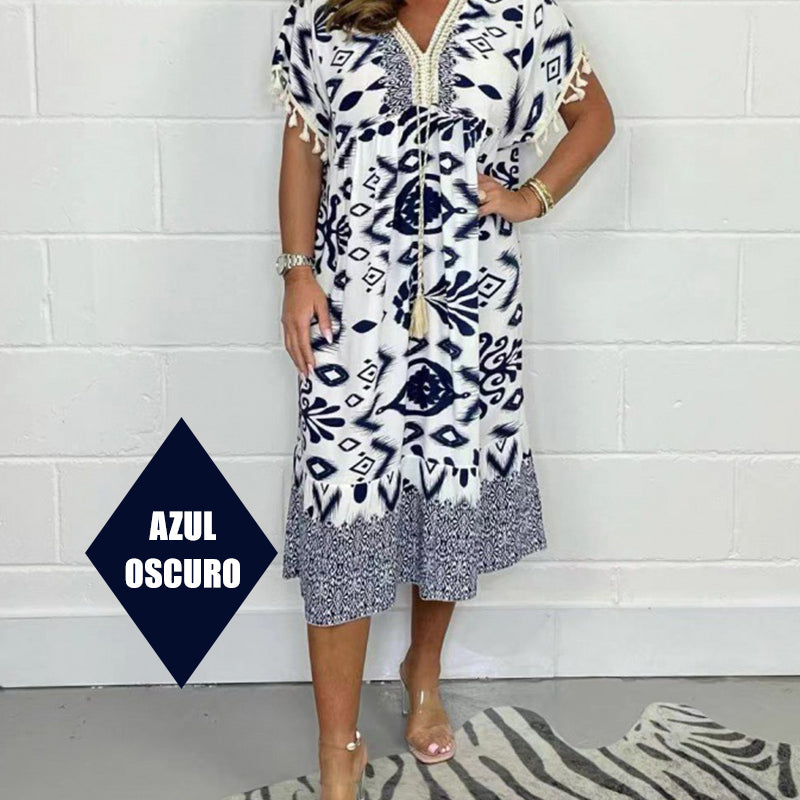 ZAVIRA Fringe Sleeve Print Dress