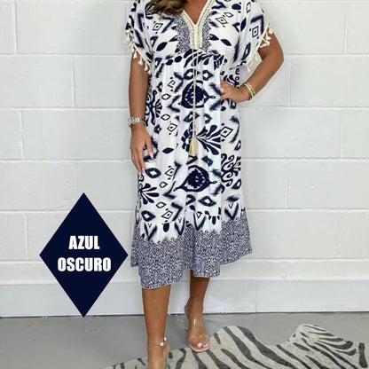 ZAVIRA Fringe Sleeve Print Dress