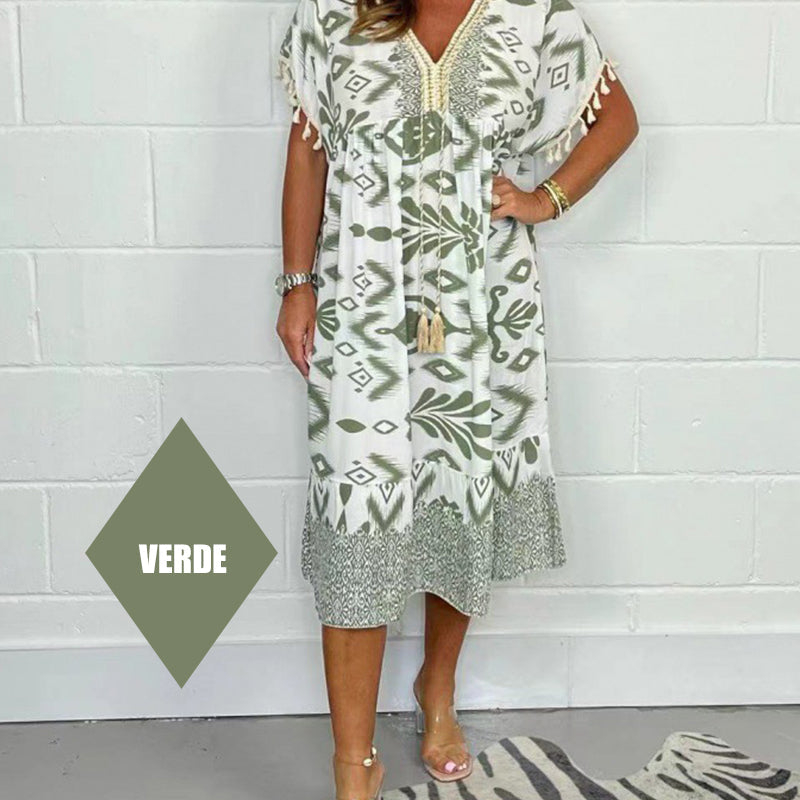 ZAVIRA Fringe Sleeve Print Dress